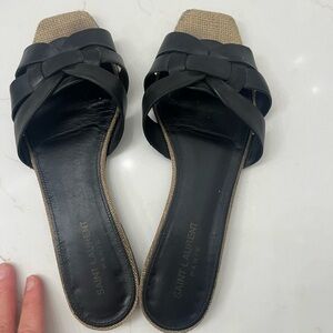 Black and raffia ysl slides